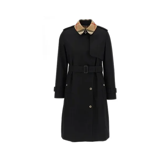 Long Check Collar Gabardine Trench Coat