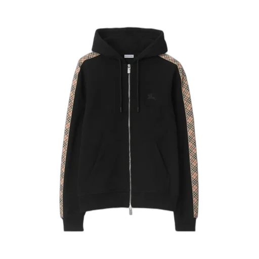 Check Trim Zip-Up Drawstring Hoodie