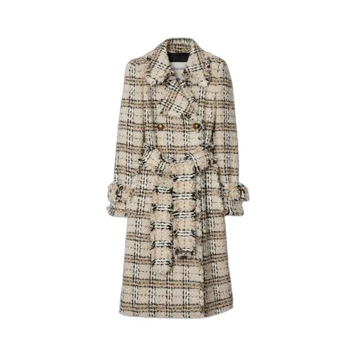 Checked Belted Waist Fringed Tweed Coat