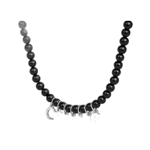 Monochroms Beads Necklace In Onyx And Brass With Rhodium Finish