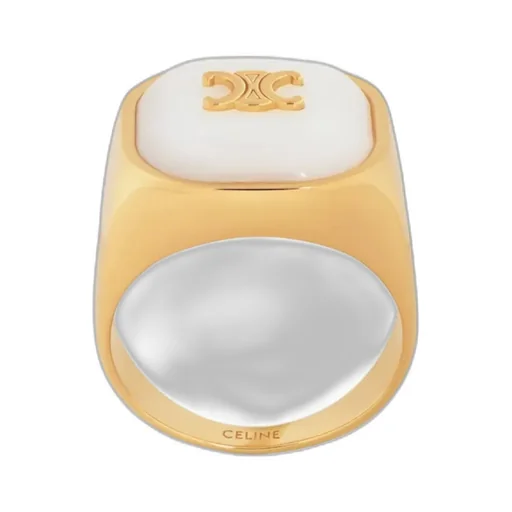 Triomphe Signet Ring In Mother Of Pearl And Brass With Gold Finish