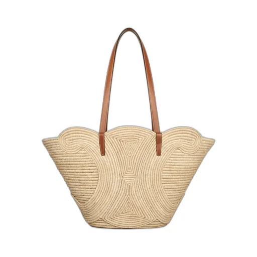 Classic Panier Medium Braided Triomphe In Raffia And Calfskin