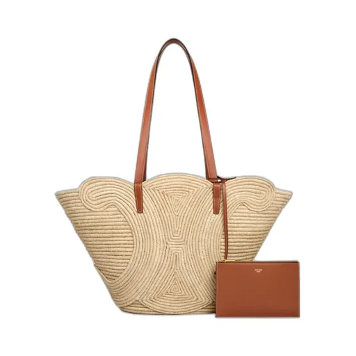 Classic Panier Medium Braided Triomphe In Raffia And Calfskin
