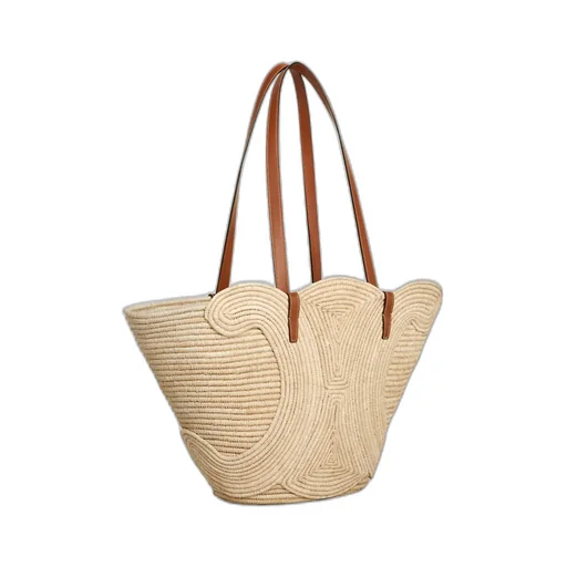 Classic Panier Medium Braided Triomphe In Raffia And Calfskin