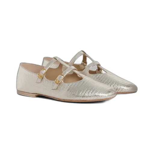 Double Strap Mary Jane Ballerina In Lizard Stamped Metalized Calfskin
