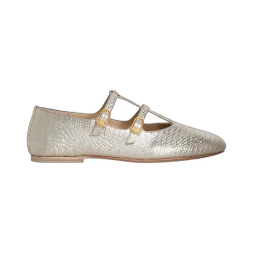 Double Strap Mary Jane Ballerina In Lizard Stamped Metalized Calfskin