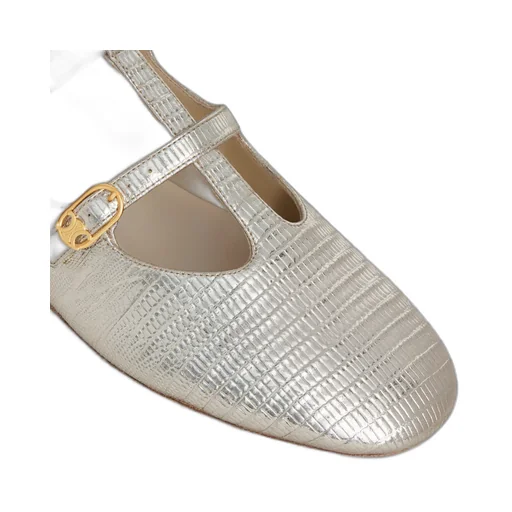 Double Strap Mary Jane Ballerina In Lizard Stamped Metalized Calfskin