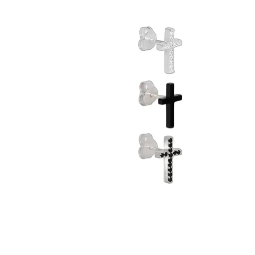 Cross Set Of 3 Studs In Brass With Rhodium Finish, Crystals And Varnish