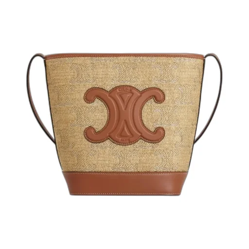 Small Bucket Cuir Triomphe In Raffia Effect Textile With Triomphe Jacquard