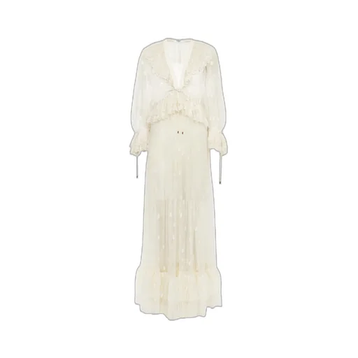 Gathered V-Neck Long Dress In Embroidered Lace