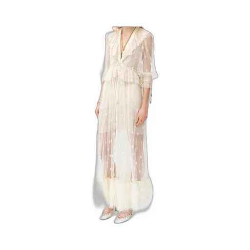 Gathered V-Neck Long Dress In Embroidered Lace