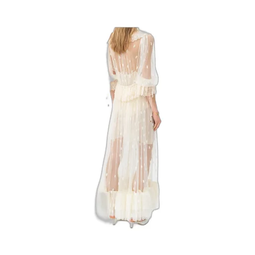 Gathered V-Neck Long Dress In Embroidered Lace