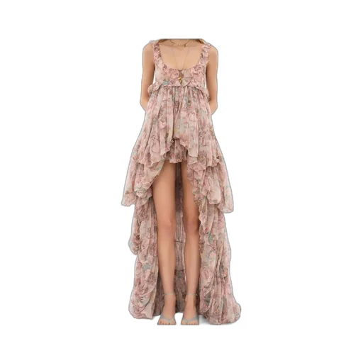 Allover Floral Printed High-Low Ruffled Dress