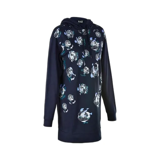 Navy Blue Floral Pattern Hooded Long Sweater