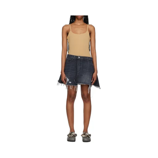 Distressed Denim-Trim Mini Dress