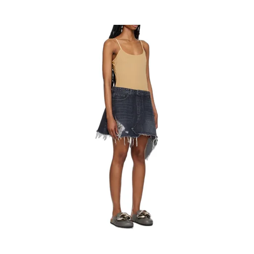 Distressed Denim-Trim Mini Dress