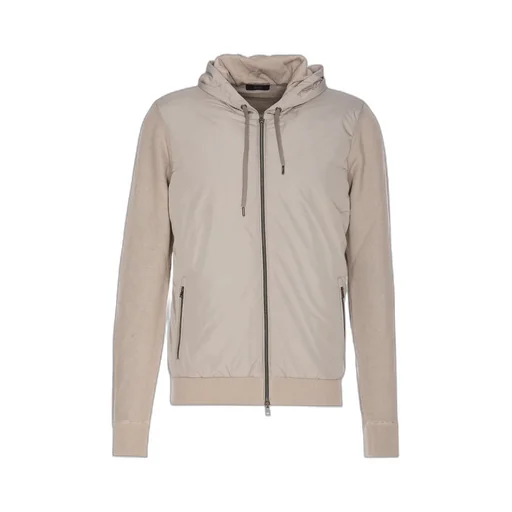 Knitted-Panelled Zipped Hooded Drawstring Jacket