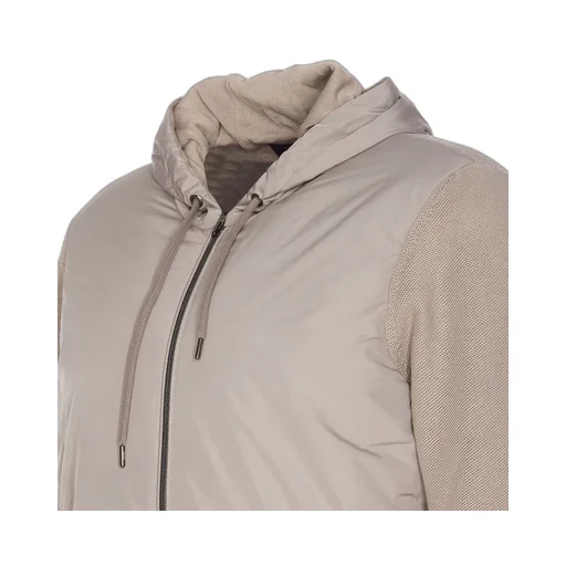 Knitted-Panelled Zipped Hooded Drawstring Jacket