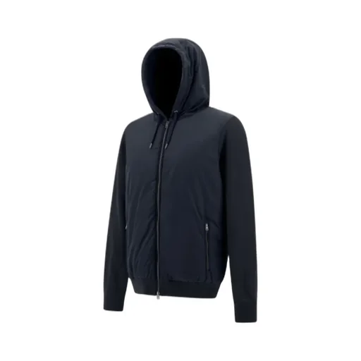 Knitted-Panelled Zipped Hooded Drawstring Jacket