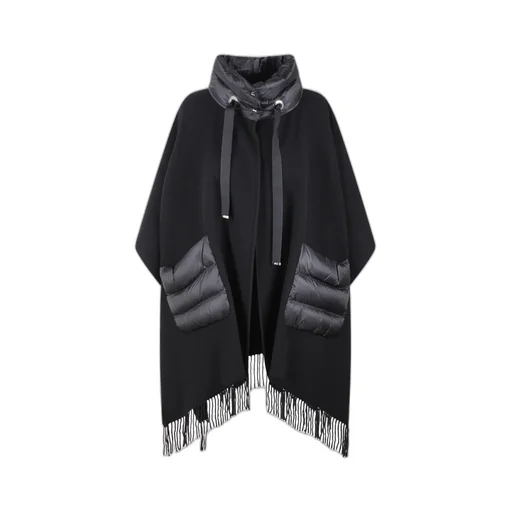 High-Neck Fringed-Edge Drawstring Poncho
