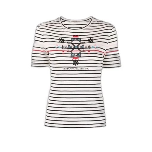 Embroidered-Design Stripy Cotton T-Shirt