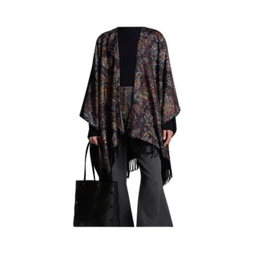 Paisley-Printed Fringed Edge Cape