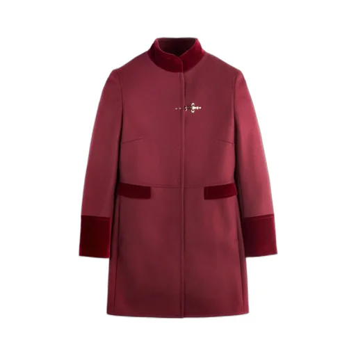 Velvet-Trimmed Wrap Collar Coat