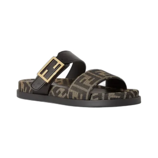 Black Leather And Brown Ff Fabric Slides
