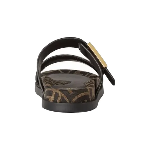 Black Leather And Brown Ff Fabric Slides