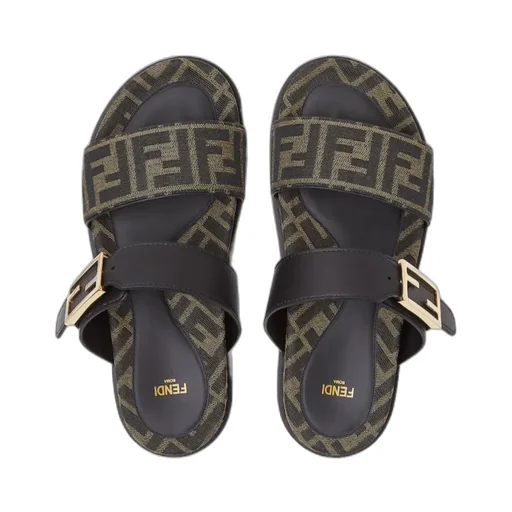 Black Leather And Brown Ff Fabric Slides