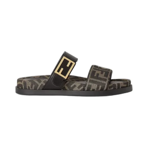 Black Leather And Brown Ff Fabric Slides