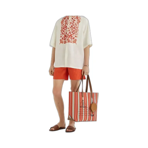 Red Linen Shorts With Ff Embroidery