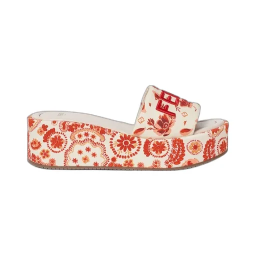 Camelia And Red Canvas Flatform Slides