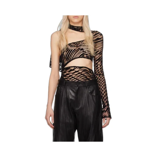 Flocked Star-Print Asymmetric Bodysuit