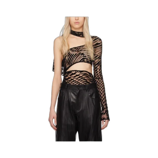 Flocked Star-Print Asymmetric Bodysuit