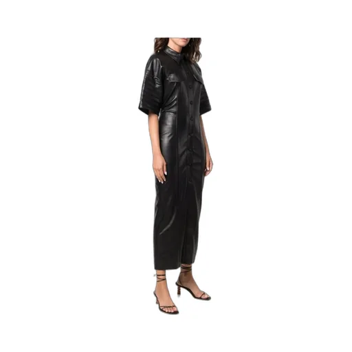 Faux-Leather Fitted Shirt Dress