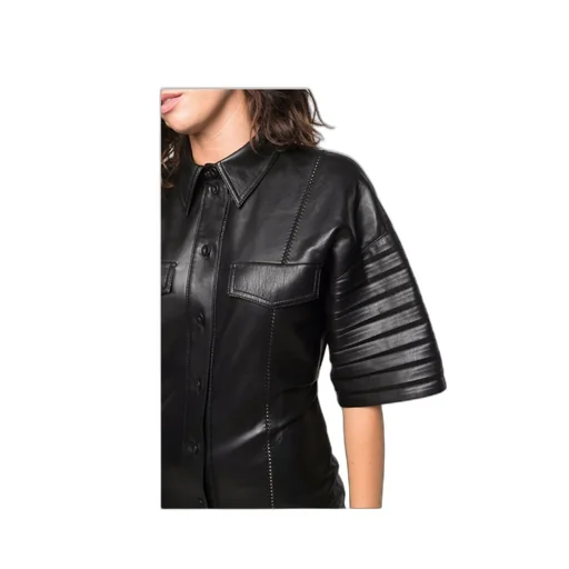 Faux-Leather Fitted Shirt Dress