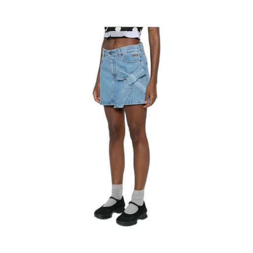Denim Mini Straight Skirt With Bow Detail