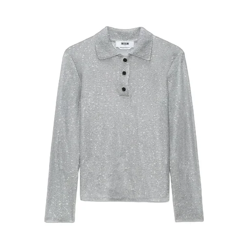 Long Sleeved Sequin Embellished Knit Polo Top