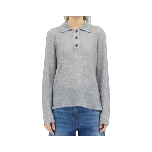Long Sleeved Sequin Embellished Knit Polo Top