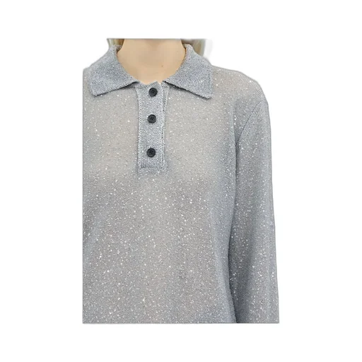 Long Sleeved Sequin Embellished Knit Polo Top