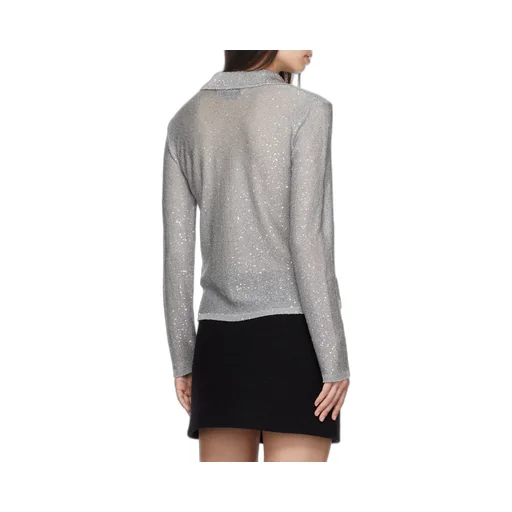Long Sleeved Sequin Embellished Knit Polo Top