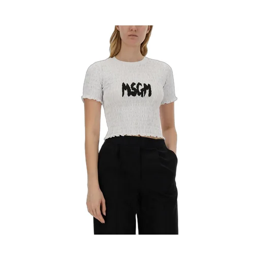 Logo-Printed Smocked Cropped Top