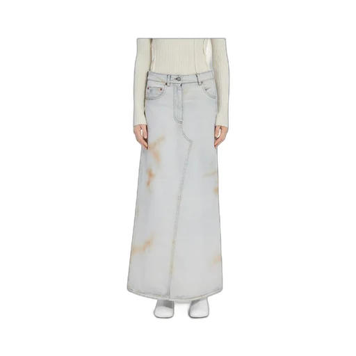 Logo-Patch Distressed Denim Midi Skirt