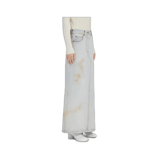 Logo-Patch Distressed Denim Midi Skirt