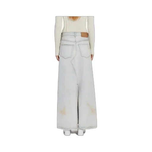 Logo-Patch Distressed Denim Midi Skirt