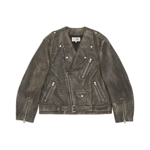 Distressed-Effect Buckle-Belted Leather Jacket