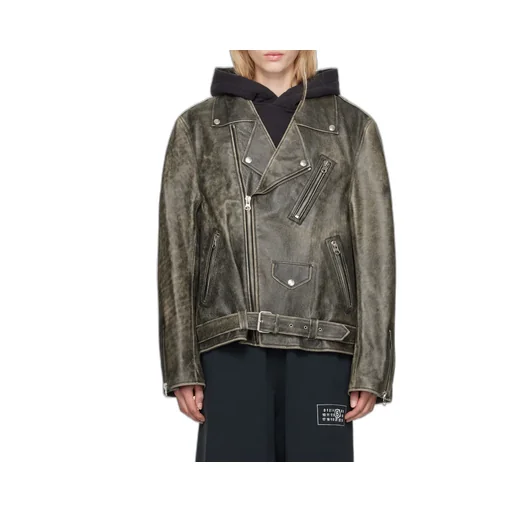 Distressed-Effect Buckle-Belted Leather Jacket