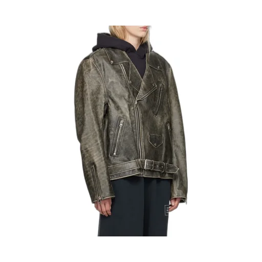 Distressed-Effect Buckle-Belted Leather Jacket