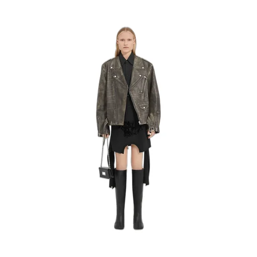 Distressed-Effect Buckle-Belted Leather Jacket